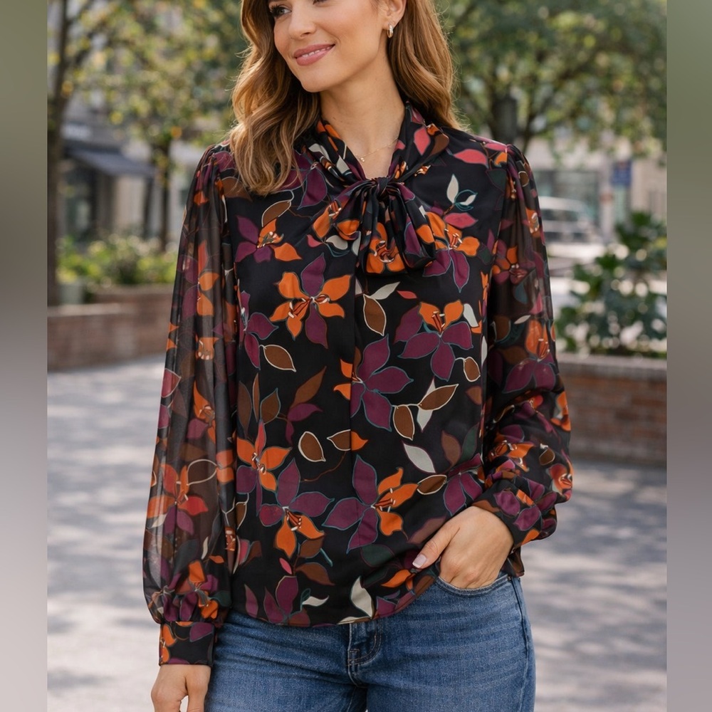 Calvin Klein Orange and Purple Long Sleeve Tie Front Blouse